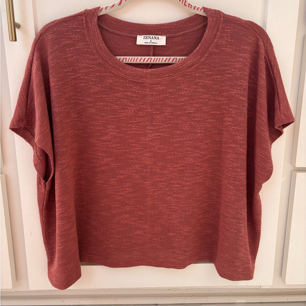 Zenana Round Neck Cropped Shirt Mauve Size Large - Picture 4 of 5